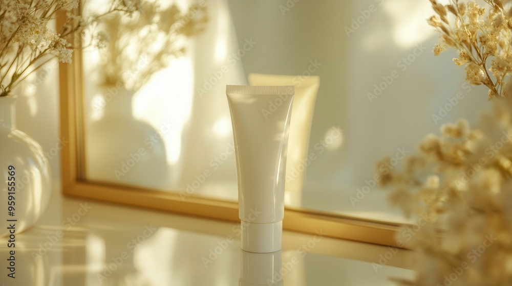 Poster a tube of cream stands on a vanity, reflecting in a mirror, with dried flowers and warm light creati