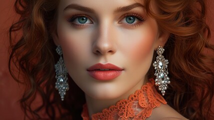 Fototapeta premium Elegant woman with striking green eyes and red hair showcases ornate earrings in a soft-lit indoor setting
