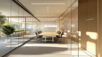 Bright and modern office conference room, featuring glass walls, a central table, and a focus on clean, minimalist design.