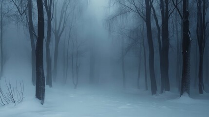 Obraz premium Foggy forest, snow-covered ground, abstract mood, mysterious, atmospheric