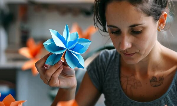 An artist crafting delicate origami sculptures from colorful paper, folding and shaping each piece with precision and care. Video