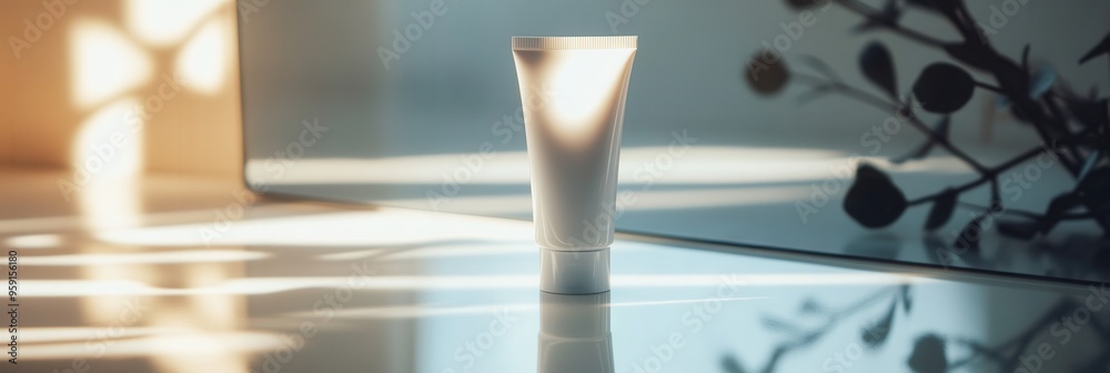 Poster the tube of cream sits elegantly on a surface, its reflection visible in a nearby mirror, illuminate