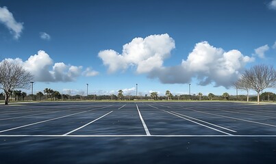 Empty Parking Lot with White Lines and Blue Sky