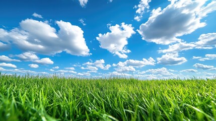 Obraz premium Endless green grass under a bright blue sky with white clouds, epitomizing natural beauty and tranquility.