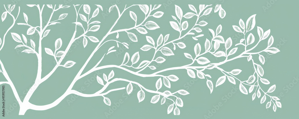 Canvas Prints a simple white line drawing on a mint green background of a tree with lush leaves. the soft color em