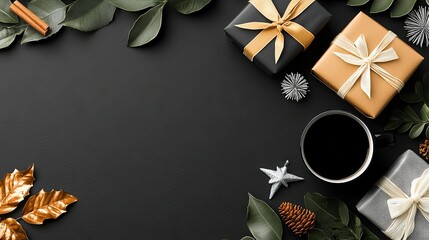   A black table, adorned with numerous presents and a steaming cup of coffee beside a pile of pine cones