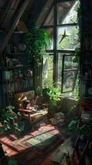 A young woman relaxes in a cozy attic room filled with books and plants, sunlight streaming through the window.