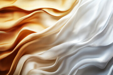 Obraz premium An abstract background featuring silky, 3D wave patterns in a gradient from warm bronze to cool silver. The fabricâ€™s texture creates a dynamic, luxurious effect.