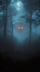 Fototapeta premium A pair of glowing eyes peer out from the mist in a dark and mysterious forest.