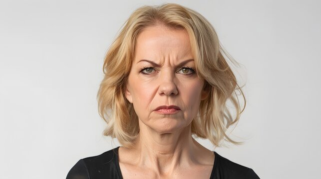 Blonde middle aged woman serious angry sad face portrait white background