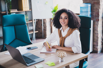 Portrait of elegant corporate worker lady sit chair laptop notepad wear white shirt business center...
