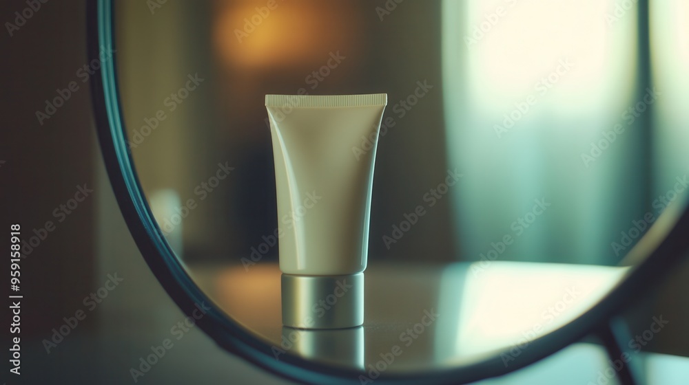 Poster A cream tube visibly reflected in a mirror sits on a wooden table bathed in warm afternoon light, creating a serene atmosphere. Generative AI