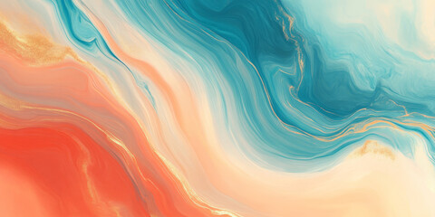 Obraz premium A lively abstract background with radiant shades of turquoise, coral, and gold. The colors blend and flow together, creating a bright and energetic visual effect.