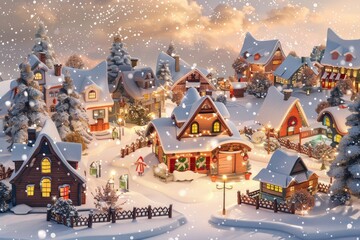 Cozy Winter Village with Falling Snow and Christmas Lights