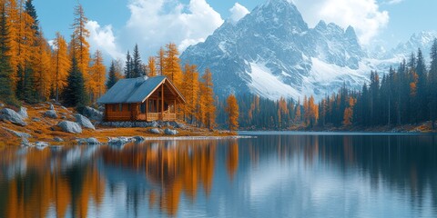 Fototapeta premium Log Cabin Nestled in a Mountain Lake Setting