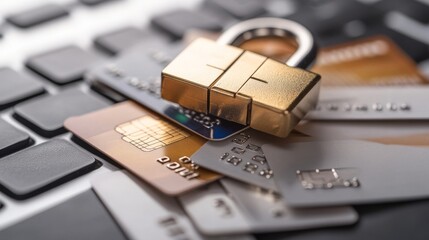 Secure payments concept: credit cards and lock on keyboard for online transaction safety