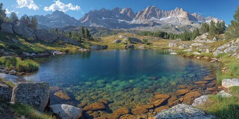 Fototapeta premium Tranquil Mountain Lake with Clear Water and Rocky Shores