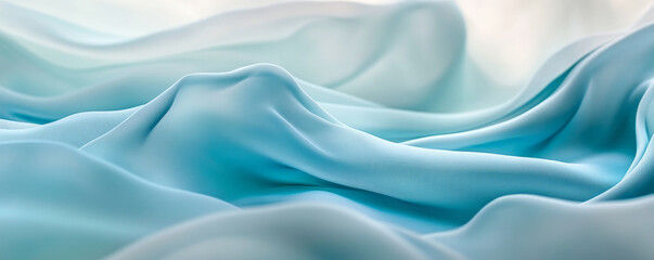 Obraz premium A serene abstract background with 3D silk fabric in gradient tones of sea blue to pale aqua. The fabricâ€™s gentle waves create a peaceful, soothing atmosphere.