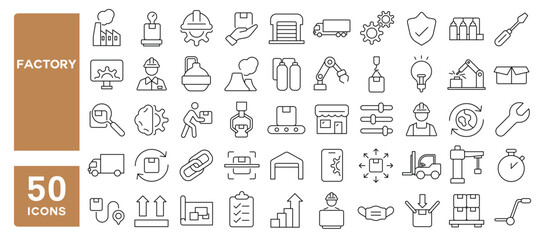 Set of 50 line icons related to factory, machine, manufacturer, warehouse, production, robot, pack, goods, industry, Editable stroke. Vector illustration