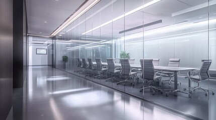 Obraz premium Modern office conference room with glass partitions, ergonomic seating, and advanced technology for presentations.