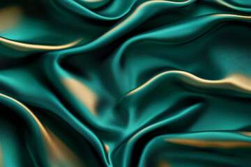 Obraz premium A luxurious abstract background with 3D wave gradients of silk fabric in deep emerald and gold. The fabric has a rich, opulent feel with intricate folds.