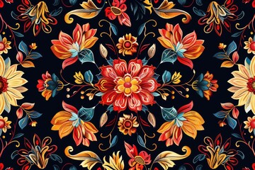 Embroidered Floral Pattern on Black Velvet with Bright Colors and Detailed Work