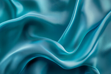 Fototapeta premium An abstract background featuring 3D wave-like silk fabric in a gradient of deep blue to light turquoise. The fabric flows smoothly, creating a sense of elegance and fluidity.