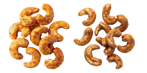 Spicy cashews nuts isolated on transparent background, set of