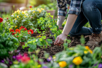 Peaceful backyard scene with a person tending to a garden, planting flowers, watering plants, and pulling weeds. The lush, green garden features colorful flowers and a vegetable patch.

