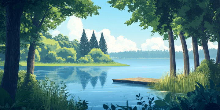 A tranquil cartoon backdrop of a lakeside with tall trees lining the shore, a calm, reflective surface, and a small dock extending into the water. The scene is peaceful and serene.