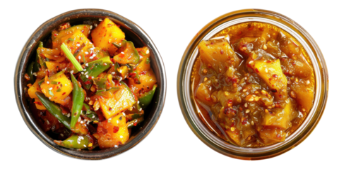 Spicy mango pickle isolated on transparent background, set of