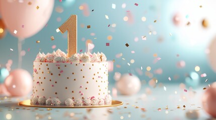 Celebratory first birthday cake with a golden number one topper and colorful confetti.