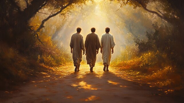Road to Emmaus walking three men, rear view, two men have their hearts burning at the edges of their faces