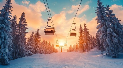 Ski lift in sunset. Winter sports concept with blue sky, clouds, sun and frozen trees around ski slope. Snowboarder looking to ski cable car