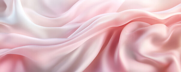 Fototapeta premium An abstract background with flowing 3D silk fabric in gradient hues of pale pink to soft white. The fabricâ€™s texture adds a gentle, dreamy quality to the scene.