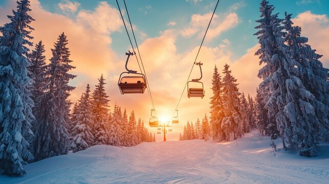Ski lift in sunset. Winter sports concept with blue sky, clouds, sun and frozen trees around ski slope. Snowboarder looking to ski cable car