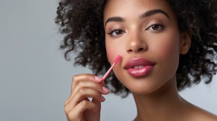 Obraz premium Woman Applying Lip Gloss, Close Up, Makeup, Beauty