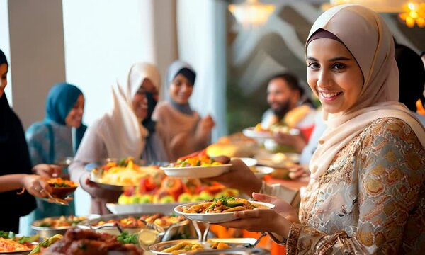 A close-up of a Muslim Eid al-Fitr celebration with families and friends gathering for a feast, exchanging gifts, and celebrating the end of Ramadan. Video