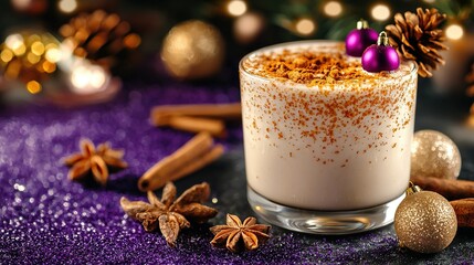   A close-up of a dessert in a glass on a purple tablecloth with Christmas decorations in the background