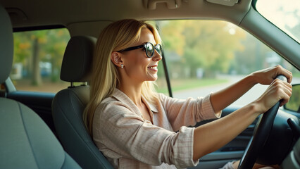 Naklejka premium Woman Driving Wearing Sunglasses
