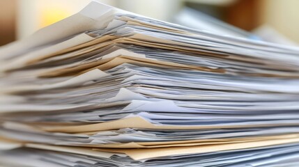 A cluttered stack of various papers, including documents and folders, is stacked haphazardly on a desk, suggesting a busy work environment in an office