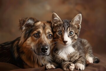 A cat and a dog are laying on a bed together, generative ai image