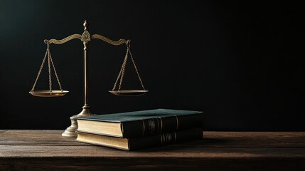 Scales of justice placed on a judge's table with law books, set against a dark background. Symbolizes justice and law.