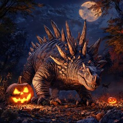 Spooky dinosaur guarding glowing pumpkins under a full moon