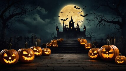 Fondo de halloween con calabazas iluminadas en un bosque espeluznante a la luz de la luna llena. Espeluznante fondo de halloween en un bosque oscuro con árboles. víspera de todos los santos