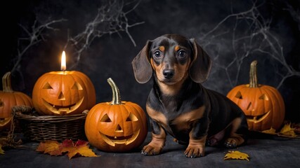 Fondo de halloween con un perro lindo y gracioso con calabazas y velas. Fondo divertido de mascotas de  v&iacute;spera de todos los santos con un perro salchicha mirando la c&aacute;mara mientras estaba sentado