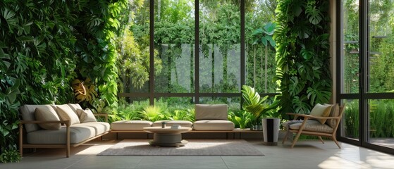 Modern Minimalist Living Room with Lush Greenery
