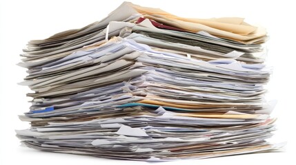 A towering pile of assorted papers, including documents and forms, lies haphazardly on a clean white surface, creating an overwhelming sense of clutter in the office