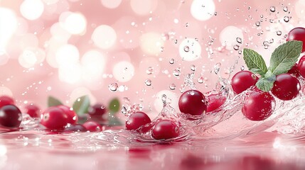   A cluster of cherries floating on a pink water surface, with a lush green leaf resting atop them