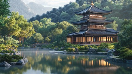 Fototapeta premium Traditional Japanese pagoda with curved roofs and serene gardens